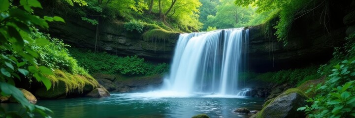 Fototapeta premium Dense foliage surrounds a cascading waterfall, nature, waterfall, cascade