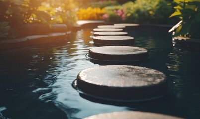 Fototapeta premium Serene garden pathway with stepping stones over tranquil water, surrounded by vibrant flowers