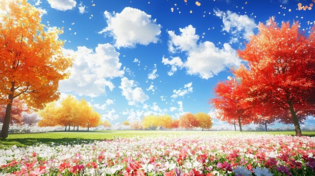 Autumn Landscape with Colorful Trees and Flower Field