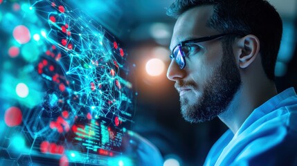 Young caucasian male scientist analyzing data on futuristic holographic interface