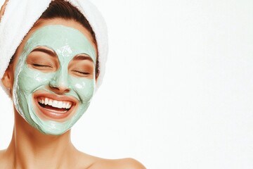 In a close-up shot, a cheerful young woman delicately applies a beauty mask to her face, giving herself over to a pampering ritual that promises to revitalize and nourish her complexion, with her