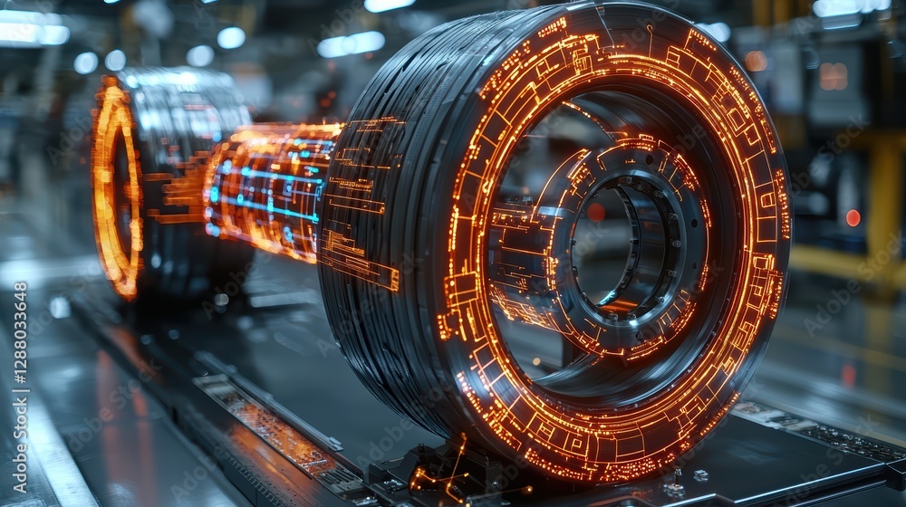 Poster futuristic digital wheel prototype with orange circuitry in high-tech lab
