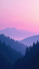 Fototapeta premium Gentle gradient of deep violet to pastel pink over a misty forest landscape, gradient background, peaceful ambiance, pastel colors