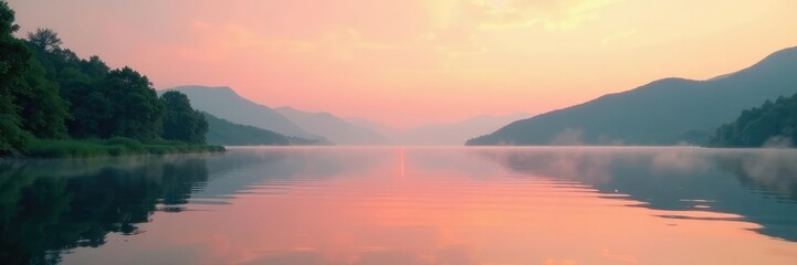 Gentle hues of orange and pink upon calm lake waters, serene, greenery
