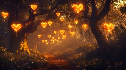 Romantic evening setting, dreamy forest path illuminated by heart-shaped lanterns, perfect for love-themed events and celebrations.