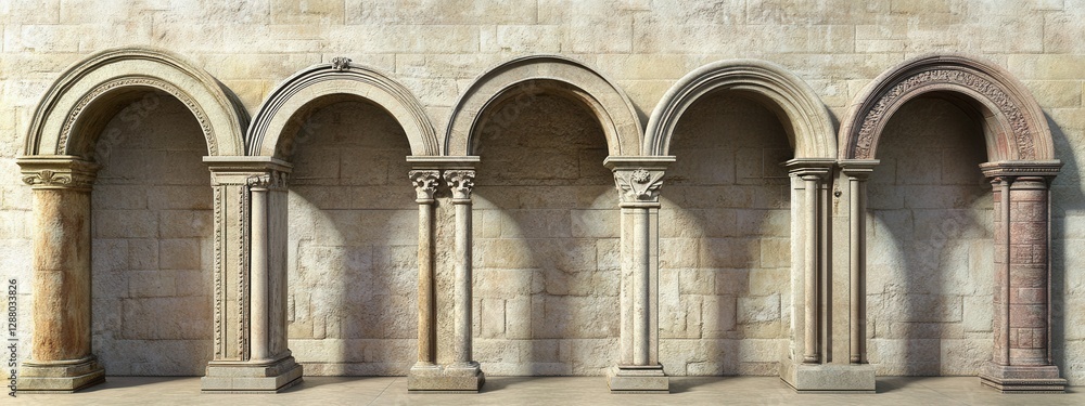 Poster architectural elements of classical arches on a stone wall with intricate details and textures