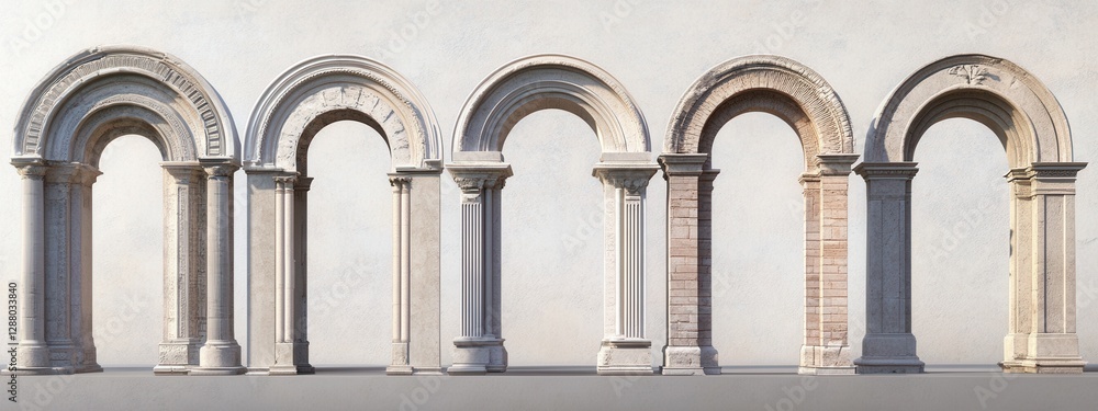 Poster classical architectural arches with intricate designs set against a plain background for creative pr
