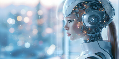 Fototapeta premium Futuristic female android with advanced artificial intelligence, cybernetic enhancements, sci-fi robot woman, future technology, AI concept