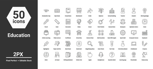 education icons set such as, 	award, bell, black, blackboard, book, bus, caps, clean, coach, education, flat, globe, graduation, icon, leaf, learn, learning, lesson, pen, vector stock illustration