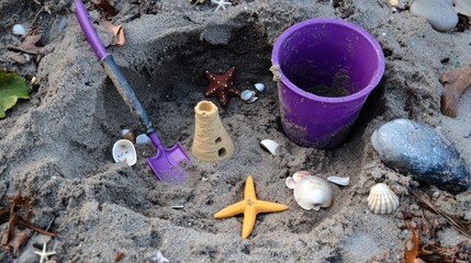 Child's sandcastle, beach toys, shells, seaside fun