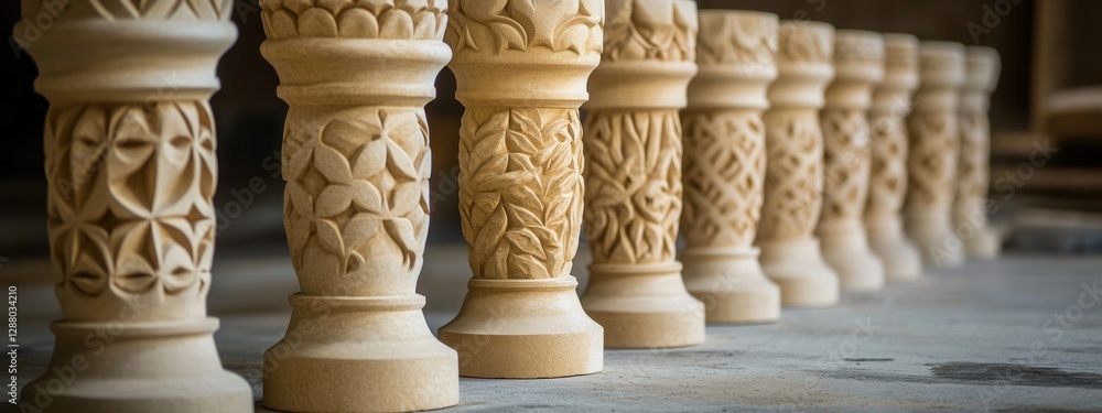Poster intricately carved wooden pillars displaying unique designs in a line on a rustic background