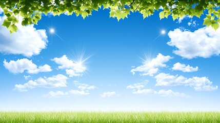 Obraz premium Bright Sunny Day Landscape with Green Field and Blue Sky