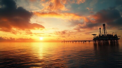 Breathtaking Sunset View of Oil Rig in the Ocean with Reflections on Calm Water, Illustrating Energy Technology and Industrial Landscape