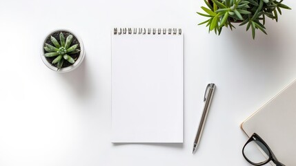 Desktop mockup scene. White blank notepad and pen on white table