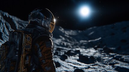Astronaut on moon, gazing at bright sun, lunar landscape, space exploration