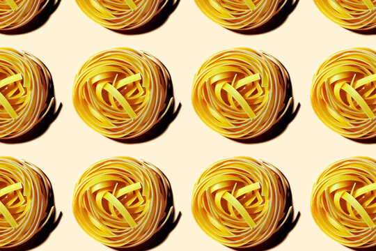 Pattern of raw nest pasta arranged in a repetitive design