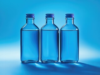 Three blue plastic bottles against a blue background