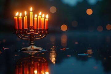 Fototapeta premium Menorah with lit candles reflected in a calm water surface, peaceful, candlelight