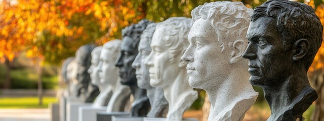 Obraz premium Collection of Classic Sculptures in a Park Surrounded by Autumn Foliage Displaying Artistic Excellence and Heritage