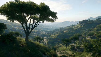 Obraz premium Sunlit Valley Landscape with Lush Green Hills and a Single Tree