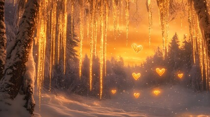 Cozy winter scene, enchanting forest with glowing lights, warm hues blending with cool snow, perfect for holiday themes.