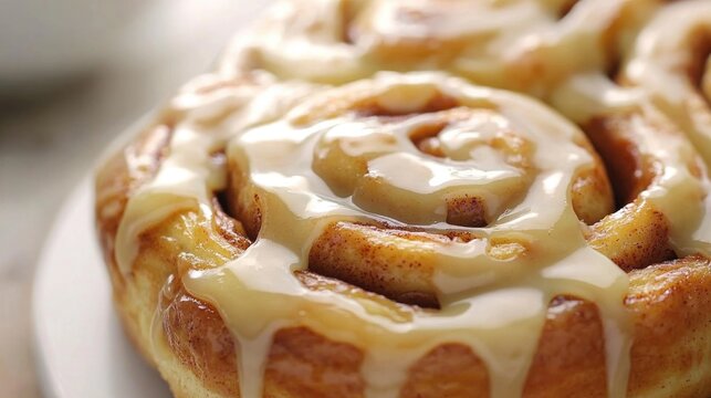 Warm cinnamon roll topped with creamy icing, showcasing its fluf
