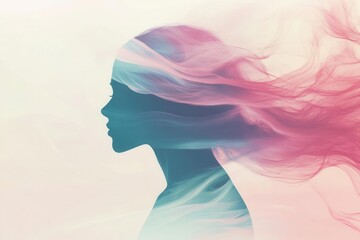minimalist zen illustration, flowing lines creating profile silhouette, dreamy pastel landscape within, ethereal fog effects, balanced composition