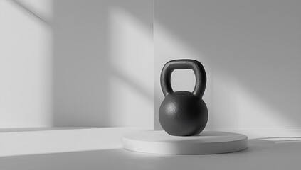 Obraz premium Minimalistyczna sztuka fitness: czarny kettlebell w świetle cieni