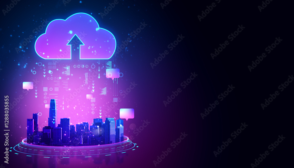Poster Futuristic smart city with cloud computing technology and data flow in neon colors. 3D Rendering