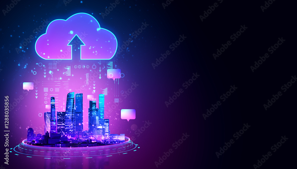Poster futuristic smart city with cloud computing technology in neon blue and purple tones. 3d rendering