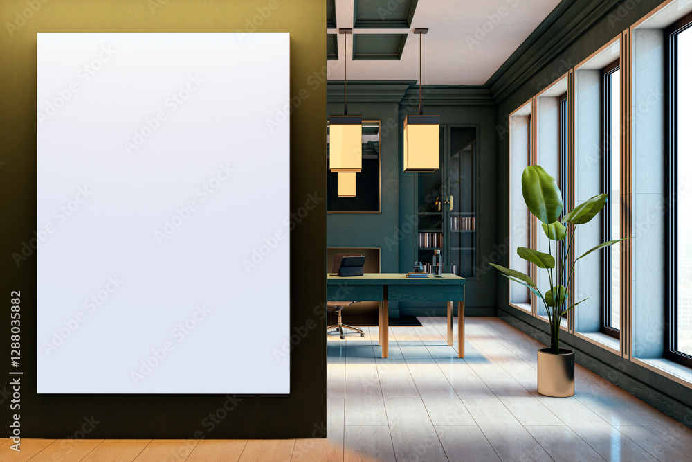 Aufkleber modern executive office with blank white vertical canvas on green wall. 3d rendering