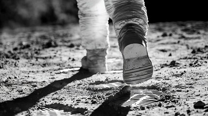 Astronaut walking on moon, lunar surface, footprints, exploration, space travel, science, background dark