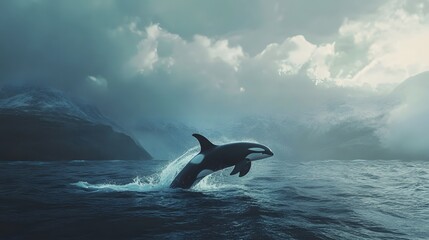 Fototapeta premium Shark breaching surface, powerful marine predator emerging from ocean waves, dynamic aquatic scene, perfect for nature themes.