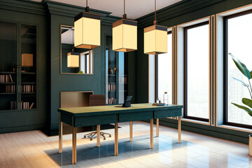Modern executive office with large windows, wooden desk, and stylish lighting. Elegant green walls, bookshelves, and a city view. 3D Rendering
