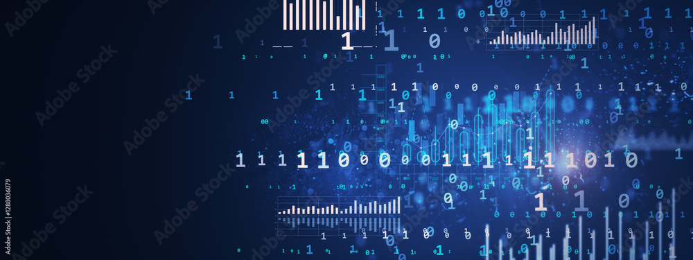 Fototapete Futuristic digital data visualization with binary code and stats on a dark blue cyberspace background. 3D Rendering
