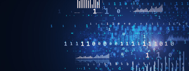 Futuristic digital data visualization with binary code and stats on a dark blue cyberspace...