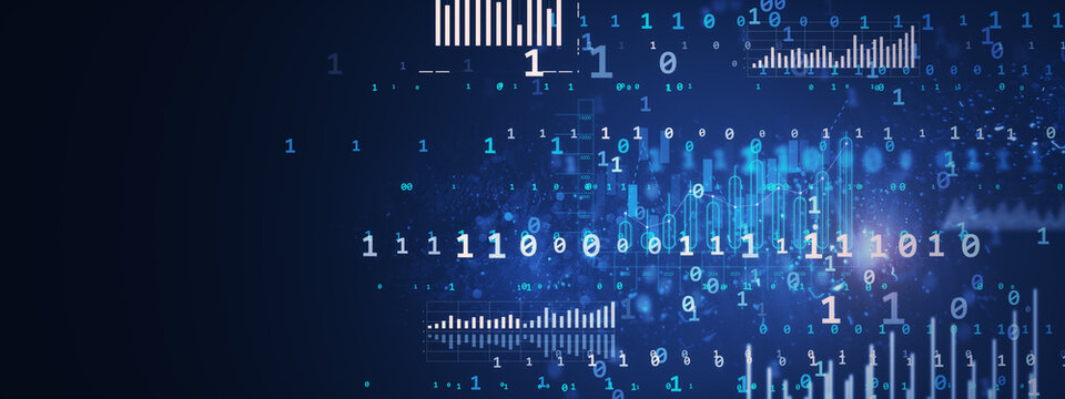 Futuristic digital data visualization with binary code and stats on a dark blue cyberspace background. 3D Rendering
