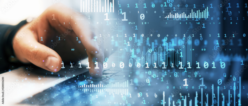 Poster Hand typing on a laptop keyboard with digital binary code and data analytics overlay.