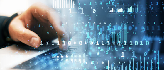 Hand typing on a laptop keyboard with digital binary code and data analytics overlay.