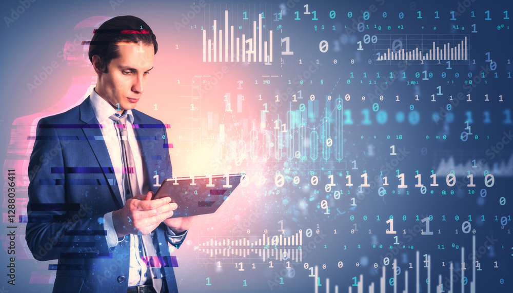 Poster Businessman in suit using tablet with digital data and binary code overlay on blue background. Concept of virtual technology and online networking.
