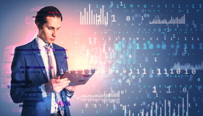 Businessman in suit using tablet with digital data and binary code overlay on blue background. Concept of virtual technology and online networking.