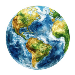 A colorful watercolor illustration of Earth, highlighting continents and oceans in vibrant shades.
