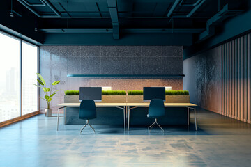 Modern office interior with dark loft design, featuring large windows with city view, wooden desks with computers, and green plants. 3D Rendering