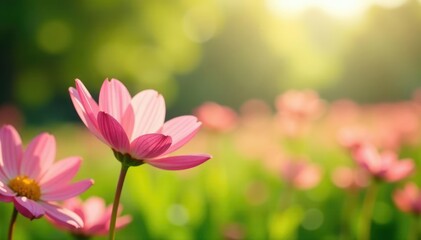 Fototapeta premium Soft petals of pink flowers gently sway in morning breeze, field, green