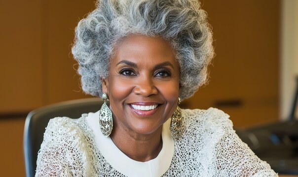 A gorgeous older lady is captured smiling in a picture that embodies the concept of beauty