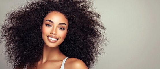 A fashionable spa serves as the setting for the African woman with beautiful curls, who stands against an isolated background, showcasing the natural beauty and bright smile of her girl in a