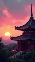Wandcirkels  Soft pink and orange hues on temple roof at dusk, orange, dusk,  © Prasert