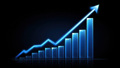 Business chart with an uptrend line graph and bar chart, set against a dark blue background, emphasizing bullish market conditions.