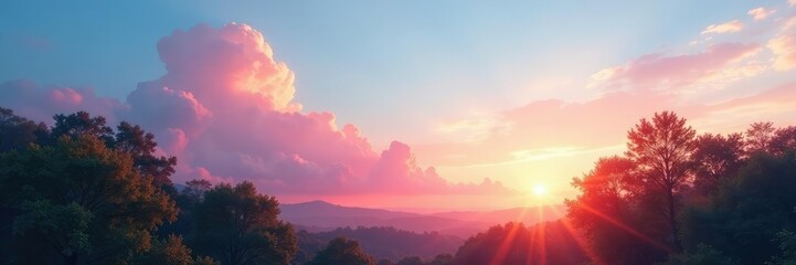 Fototapeta premium Soft pink clouds against a blue sky as morning sun rises over the treetops, atmosphere, sky