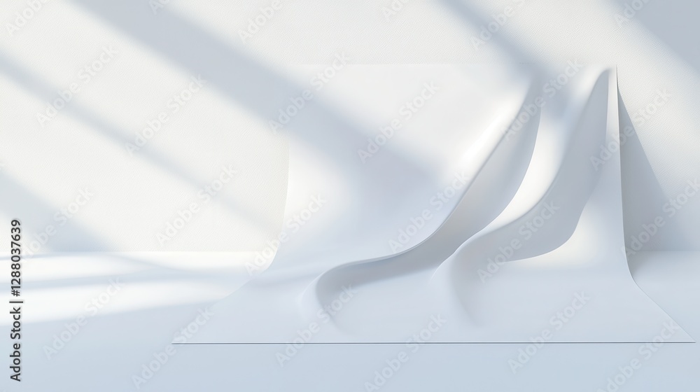 Poster abstract white curves casting shadows on a minimalist background with soft lighting.